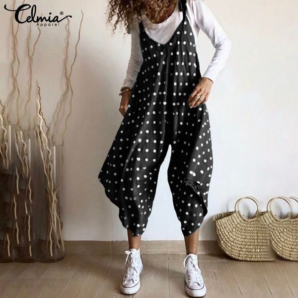 

celmia women's jumpsuits 2019 summer fashion polka dot rompers casual loose v neck straps macacao wide leg overalls s-5xl 7, Black;white