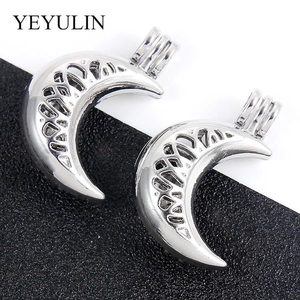 

5 pcs essential oil diffuser moon shape alloy locket pearl cage pendant for diy charms necklace jewelry accessories, Black