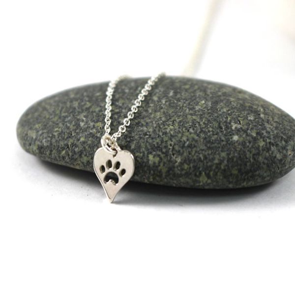 

1 animal bear paw love heart shape necklace pet cat dog panda paper-cut foot print jewelry souvenir, Silver