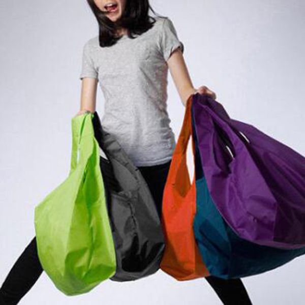 

portable folding shopping bags pure color lightweight large nylon bag thick bag foldable waterproof ripsreusable handbag for shopping