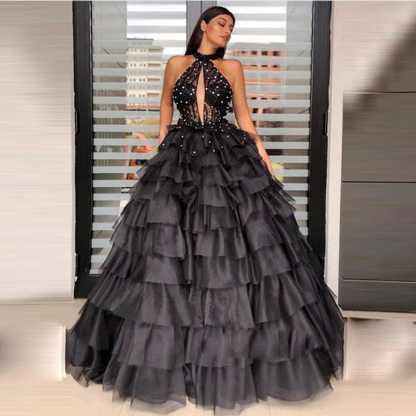 

black prom dresses halter heyhole neck tiered skirt vestido de festa puffy evening dress back girls pageant gowns