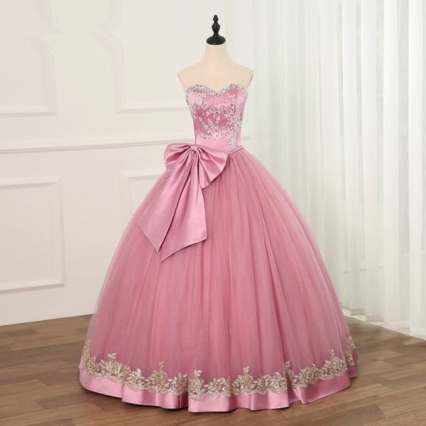 2019 Principessa rosa applicazioni di cristallo abito da ballo abiti Quinceanera fiocco paillettes dolce 16 abiti debuttante 15 anni festa formale Dres252g