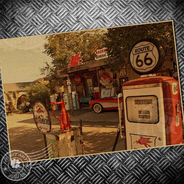 

gas station vintage poster route 66 usa picture retro print painting core drawing kraft paper classic wall sticker