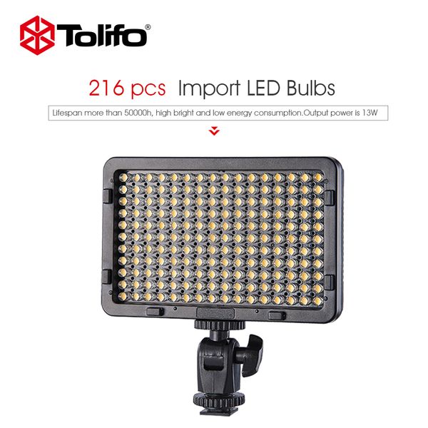 

continuous led tolifo pt-216b 13watt 216 pcs bulbs dimmable bi color 3200k-5600k adjustment led video light panel for camera and camcorder