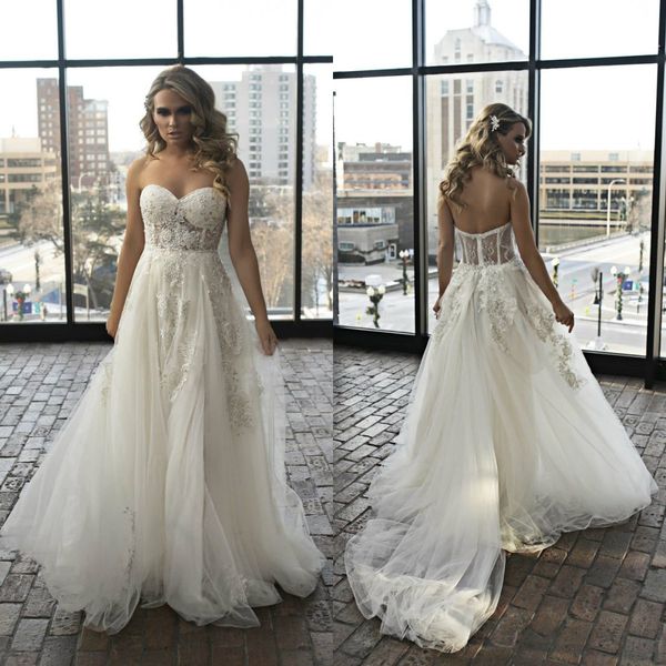 

2020 boho wedding dresses sweetheart a line sweep train lace appliques bohemian wedding dress custom made elegant vestidos de novia, White