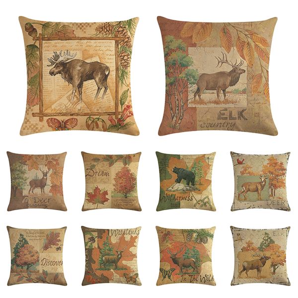 

1pcs 45*45cm retro deer gifts pattern cotton linen throw pillow cushion cover car home sofa decorative pillowcase 1481