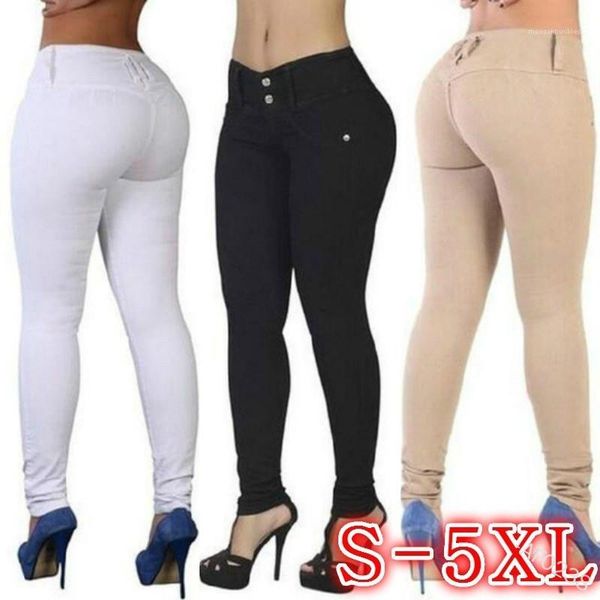 

solid color stretchy pencil pants with button womens hip lifting long trousers women high waist skinny jeans casual, Blue