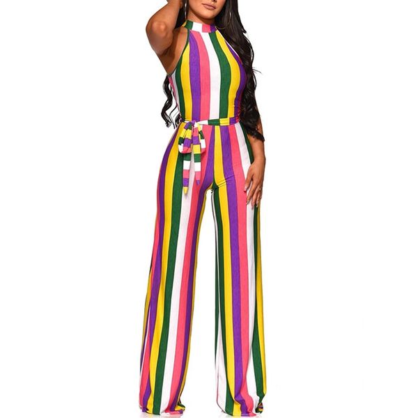 

2019 women halter belt jumpsuit sleeveless striped overalls casual wide leg playsuit, Black;white