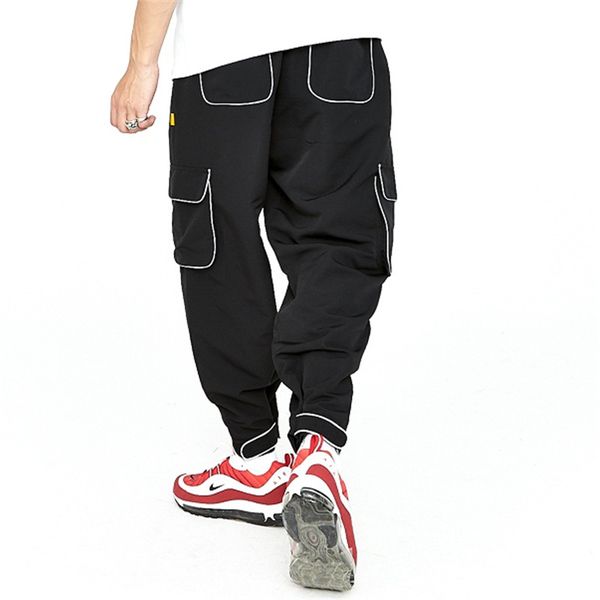 

men high street hip hop reflective strip casual cargo pant male fashion loose harem trousers mens joggers sweatpants, Black