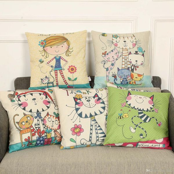 Square 18 Cotton Linen Cute Girl And Cartoon Cats Printed Sofa