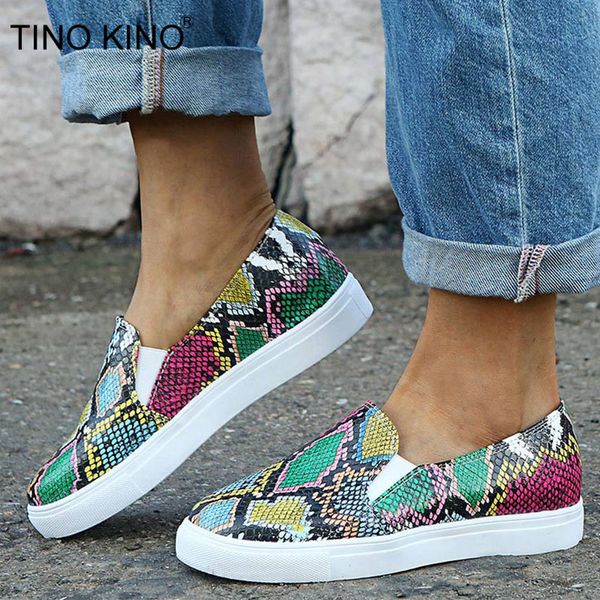 

tino kino women's elastic band vulcanized women snake pattern loafers ladies casual flat platform female comfy shoes plus size, Black