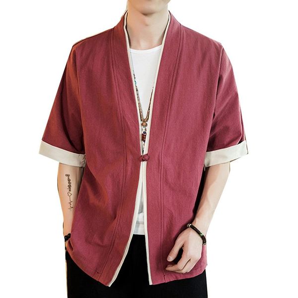 

plus size fashion men color block short sleeve button loose kimono blouse coat, White;black