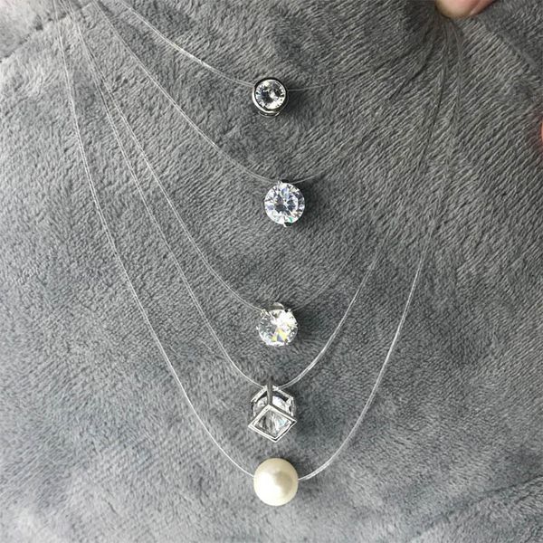 

fashion zircon pendant invisible transparent fishing line necklace silver invisible chain necklace women rhinestone choker necklace