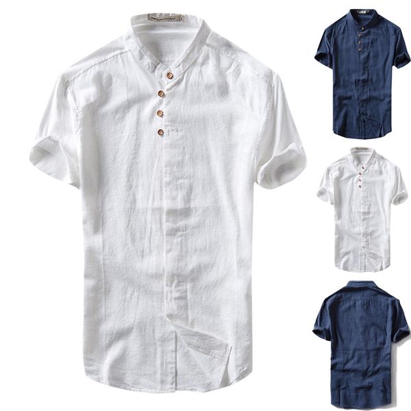 

factory direct sales men's causal shirt short sleeve button linen solid color loose blouse s-2xl men's shirts winter fashion, White;black