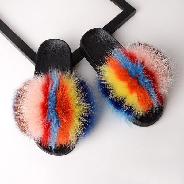 

fur slides real furry indoor slippers summer designer brand women home shoes woman fluffy flat sandals 2020 new plus size hococal, Black