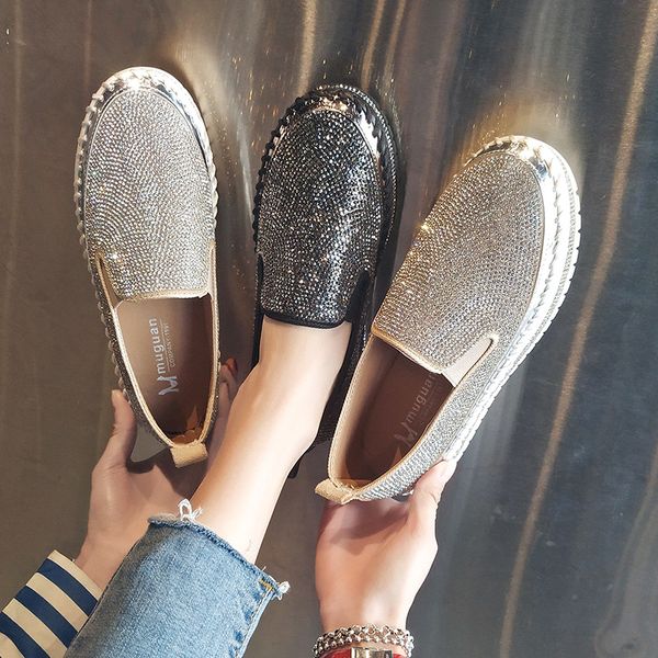 

women lady female mujer fashion rhinestone plimsolls zapatillas thick sole casual loafers lazy moccasins flat shoes 698, Black
