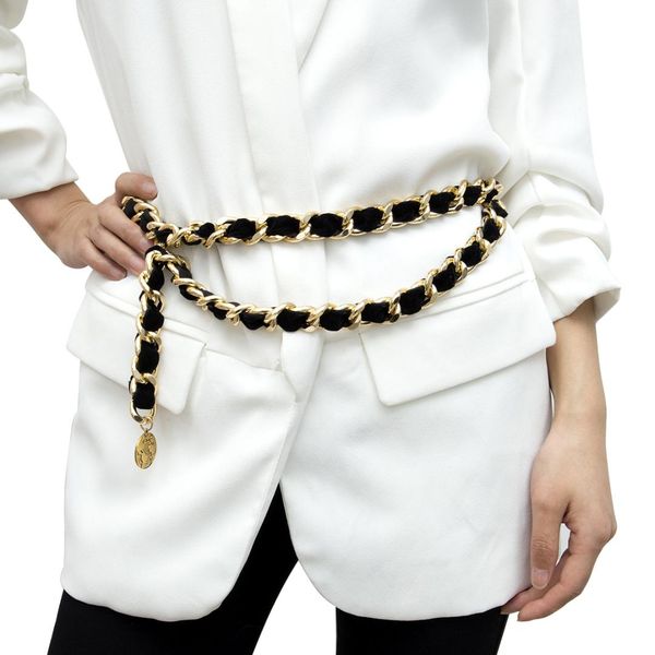 

female fringe alloy metal chain belt for women tassel flannel gold belt ladies exaggerated vintage flocking waist chain 139, Black;brown