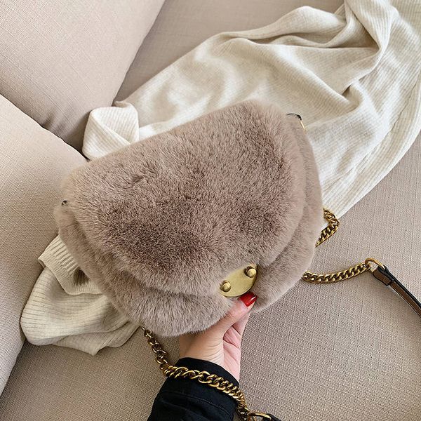 

fashion chains plush saddle women shoulder bags designer messenger bag luxury faux fur crossbody bag lady small purse female