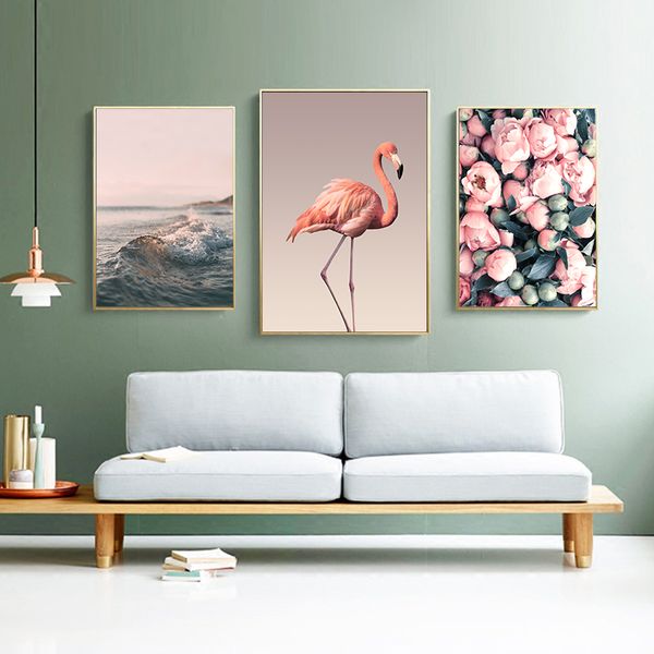 

simple pink flamingo flowers with sea seaside scenery canvas painting art abstract print poster picture wall home decoration