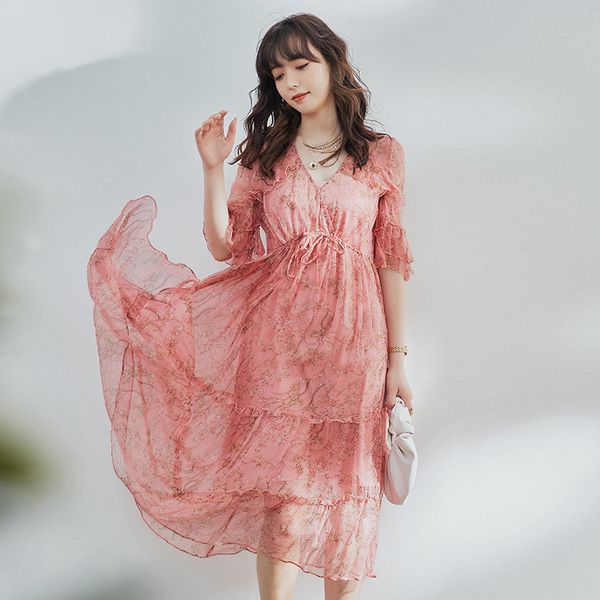 

too] rong v-neck nail bead along the fiber silk 2020 summer new temperament mulberry silk printing 2 piece dress, Black;gray