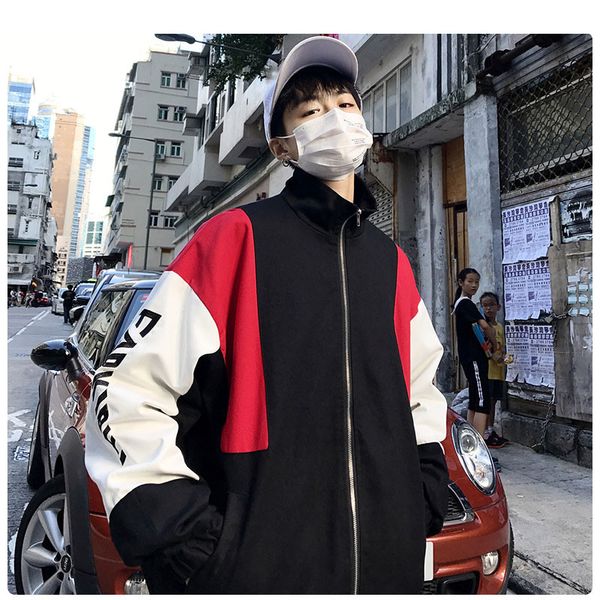 

2019 men harajuku zipper jackets mens autumn streetwear hip hop clothes male loose coat windbreak patchwork jacket, Black;brown