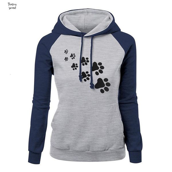 

woman clothes casual women paw print hoodies color block long sleeve regular hooded dog sweatshirt drop shipping, Black