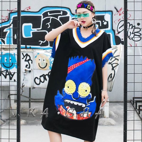 

свободные женщины корея мода 2019 пуловер лето v-образным вырезом с коротким рукавом платье женский pacthwork мультфильм длиной до колен пла, Black;gray