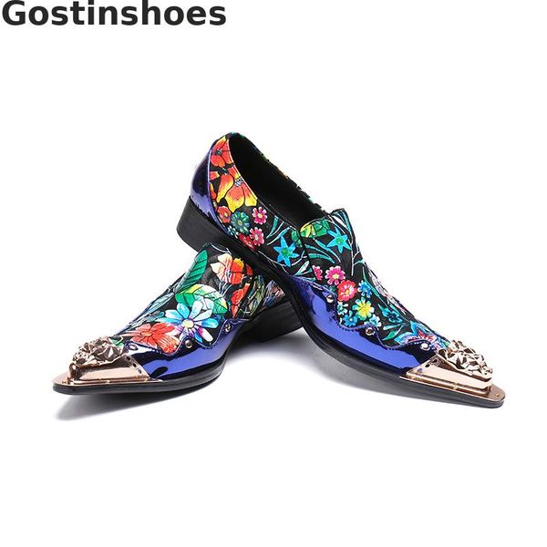 

men casual shoes loafers genuine leather flowers printed men leather shoes oxfords pointed metal tipped slip-on, Black
