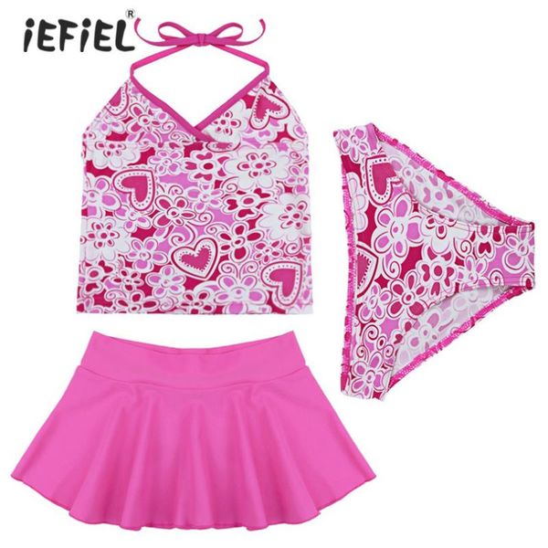 

baby girls halter print bikini sets summer beachwear 3pcs kids girls halter with bottom and skirt swimsuit children set, White