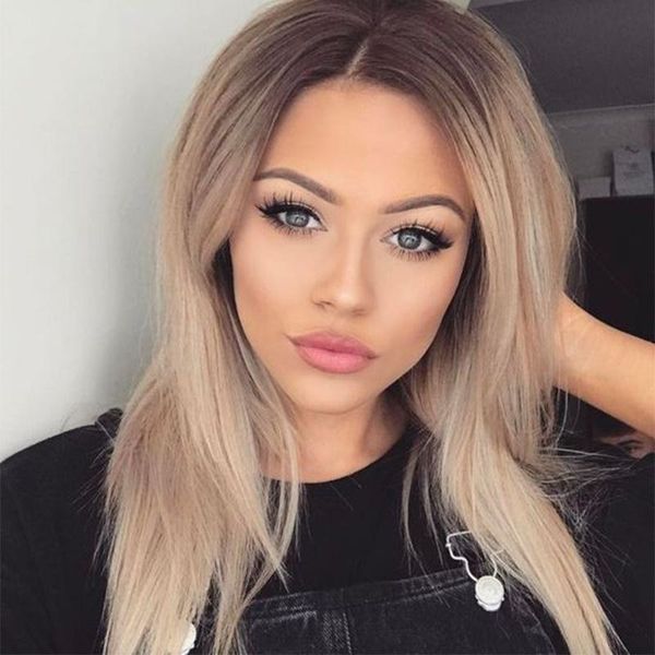 

ombre 4t60 color lace front human hair wigs blonde peruvian virgin hair pre plucked hairline bleached knots, Black