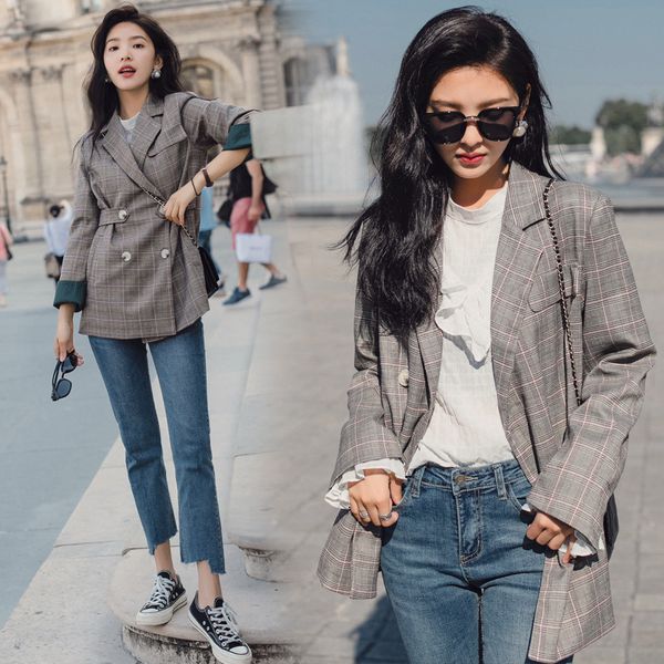 

women blazers and jackets korean retro check slim suit woman autumn new suit jacket woman, White;black