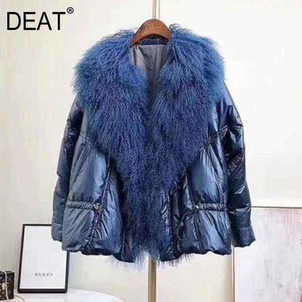 

deat 2019 new winter fur collar shinny cloth thickness stay warm pocket drawstring high waist cotton-padded coat wj90401, Black