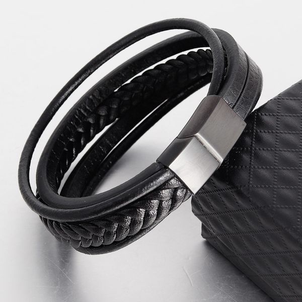 

leather bracelet hand-woven leather bracelet multi-layer men's retro stainless steel rope, Black