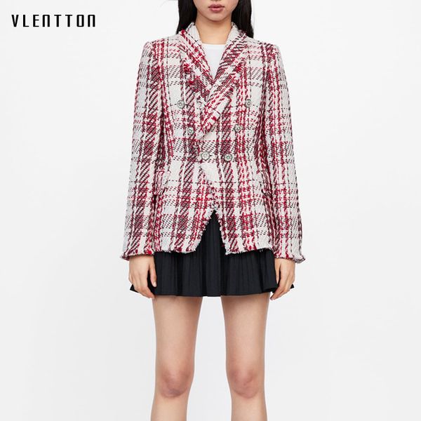 

vintage tweed women's jacket blazer double breasted diamonds women's suit coat long sleeve plaid blazer women casaco feminino, White;black