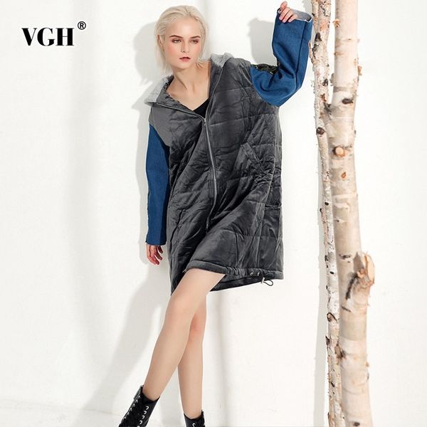 

vgh patchwork sequins velour women's coats hooded long sleeve loose hit colors zipper thick coat female jacket fashion new, Black