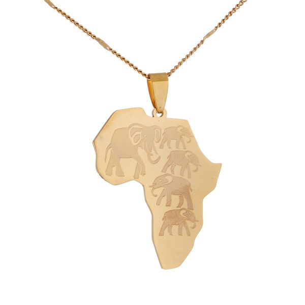 Collane con ciondolo mappa Africa color oro in acciaio inossidabile Mappa alla moda della collana a catena con motivo elefanti della fauna selvatica africana