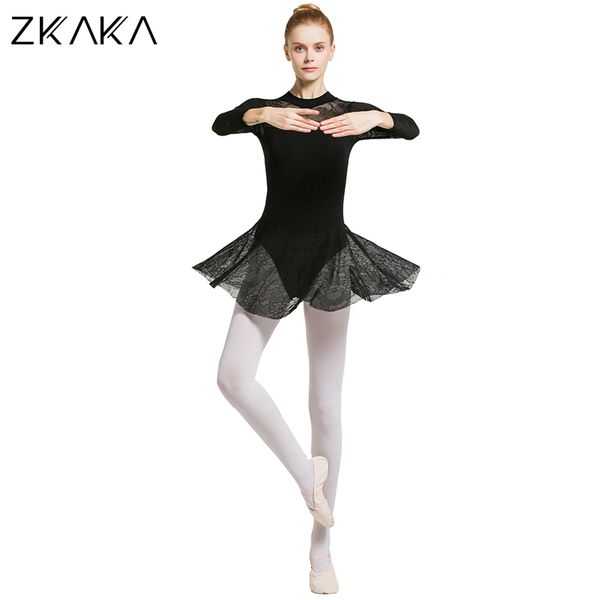 

zkaka lace long sleeve skirted leotard, Black;red