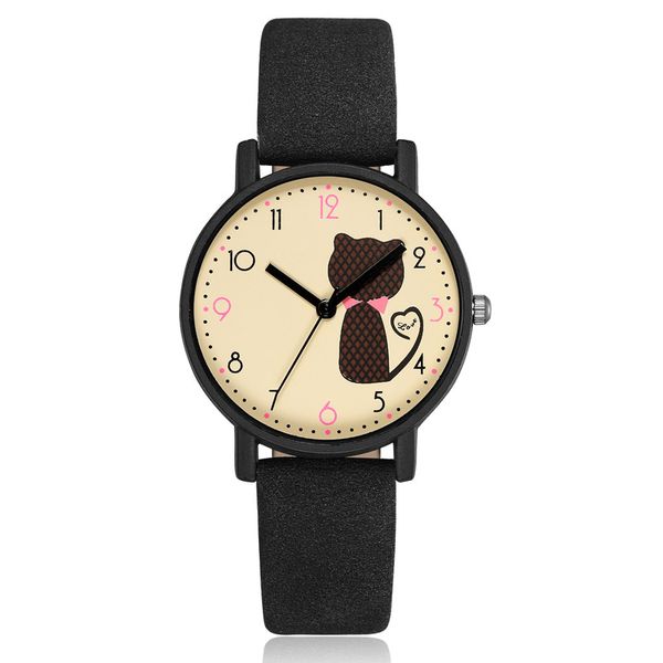

elegant ladies bracelet watch causul quartz wrist watch for women cute cat pattern leather 2018 fashion analog, Slivery;brown