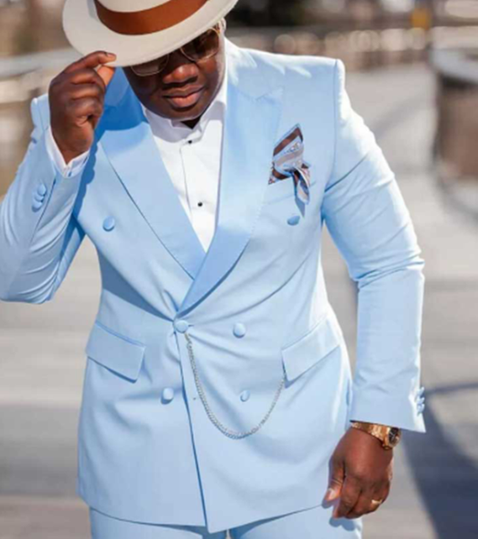 

light sky blue mens suits 2 piece( coat+pants) double breasted costume homme peaked lapel groom tuxedos for wedding prom, White;black