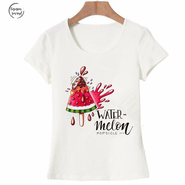 

смешная футболка арбуз printed вскользь лето женщин с коротким рукавом o шея футболка плюс размер белого tops camiseta feminina, White