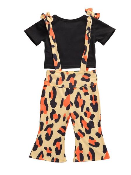 

pudcoco 1-6y summer infant baby girls clothes sets short sleeve black t shirts +leopard print overalls pants kids clothing, White