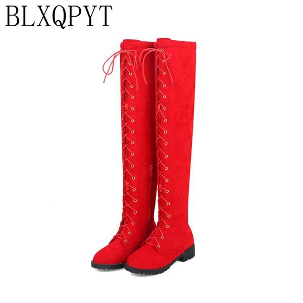 

blxqpyt winter autumn boots big size 33-46 over the knee boots women med heels lace up zip long round toe platform knight z800, Black