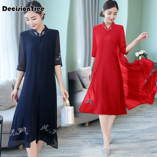 

2019 chinese dress qipao suits mandarin collar embroidery cheongsam satin qipao robe traditional chinese dress casual cardigan, Red