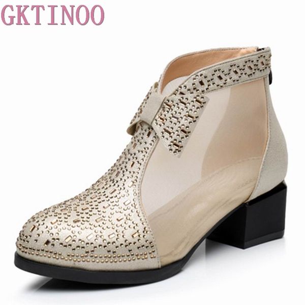 

gktinoo women boots genuine leather ankle boots lace summer zapatos chaussures femme square high heel women shoes big size, Black