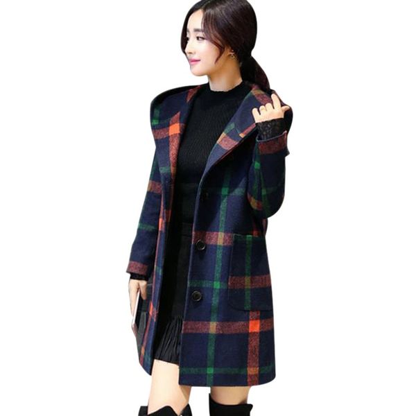 

winter retro women's blend overcoat british college style plaid long trench coat female casual hooded wool coat, Black