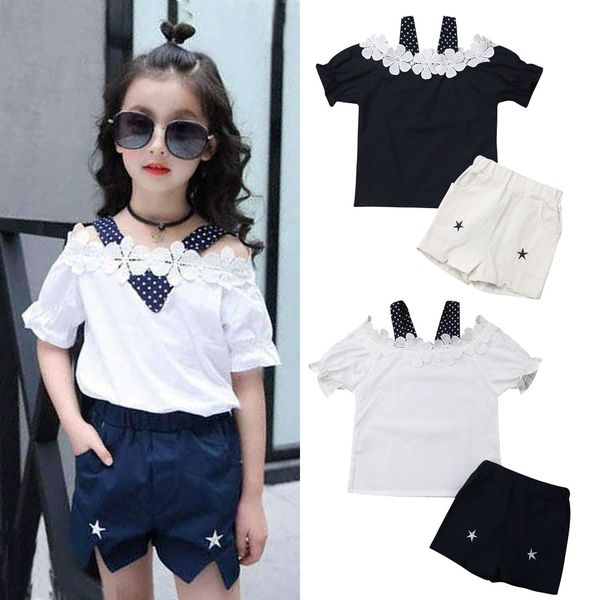 

2019 toddler kids baby girls clothes set fashion lace flower summer short sleeve t-shirt stars shorts sunsuit outfits 2pcs, White