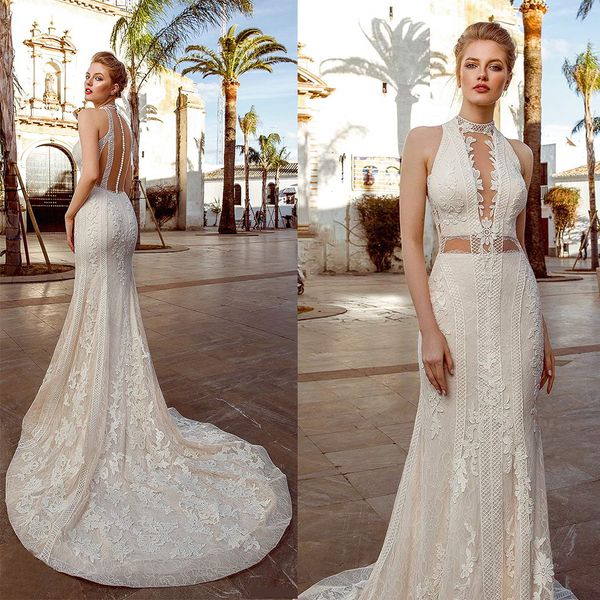 

elegant mermaid wedding dress hater sleeveless hollow applique lace bridal dress tulle sweep train beach custom made vestidos de novia, White