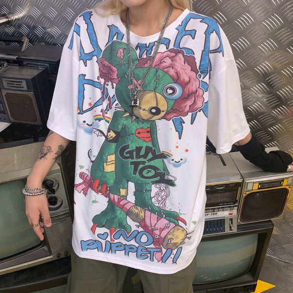 

harajuku short-sleeve female korean hip-hop tees retro doll cartoon print loose cotton new summer women's t-shirt, White