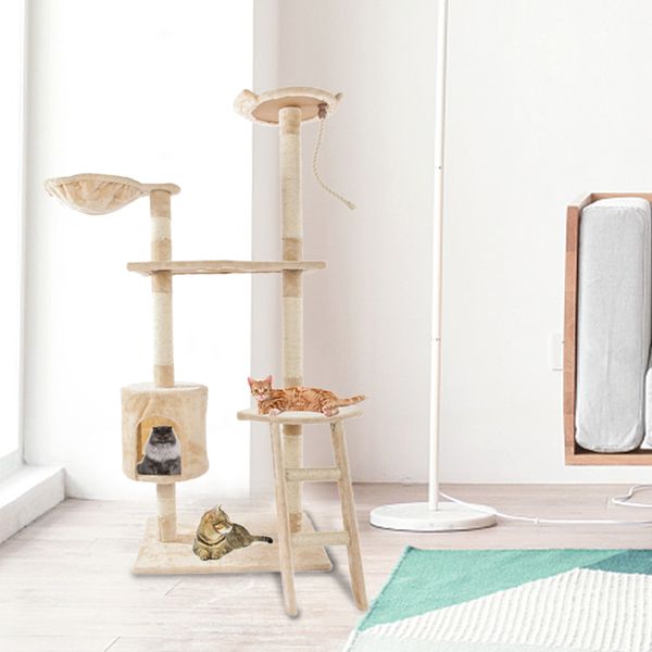 

60 дюймов cat tower house сплошная милая сизальская каната плюшевая кошка подъемное дерево кошка pet toy играют упражнения башня бежевый кор