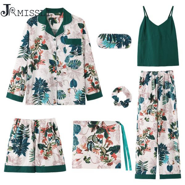 

jrmissli sleepwear female green cotton flower print women pajamas sleep lounge 7 pieces sets ladies home clothing, Blue;gray